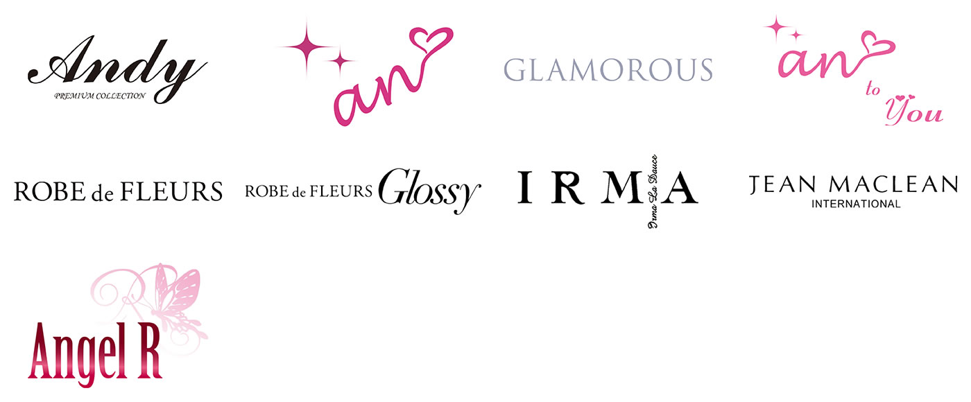 ドレスブランドロゴ画像(Andy, an, GLAMOROUS, an to you, ROBE de FLEURS, Glossy, IRMA, JEAN MACLEAN, Angel R)