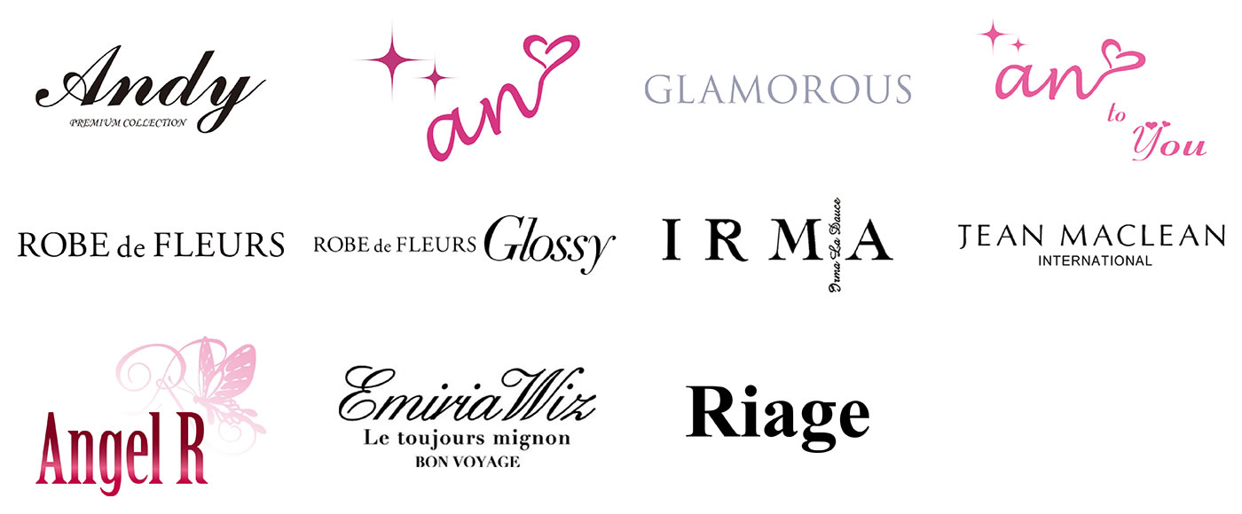 ドレスブランドロゴ画像(Andy, an, GLAMOROUS, an to you, ROBE de FLEURS, Glossy, IRMA, JEAN MACLEAN, Angel R、Emiri Wiz、Riage)